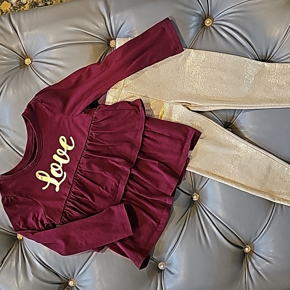 Gold and maroon shirt and leggings outfit
